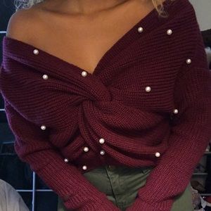 Knitted sweater with pearls burgundy fits s/m